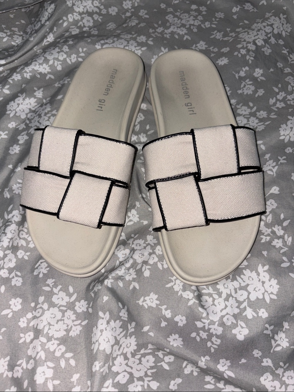 Madden Girl Cream Slide Sandals with Black Trim